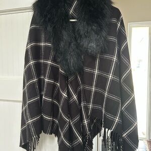 Black Plaid Cape with Faux Fur Trim